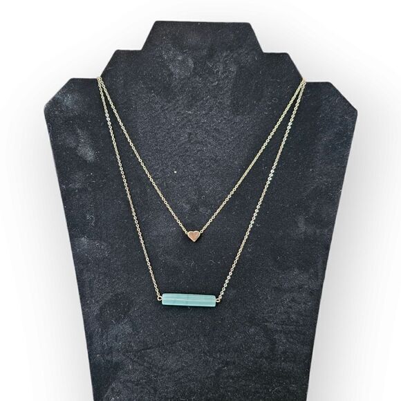 Aqua Blue Stone Bar Necklace and Floating Heart Necklace - Picture 2 of 8